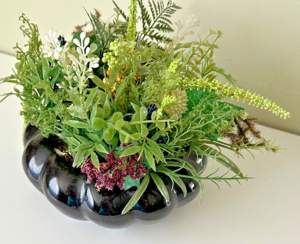 Black Bowl with Artificial Faux Greenery Decor 8x8x8