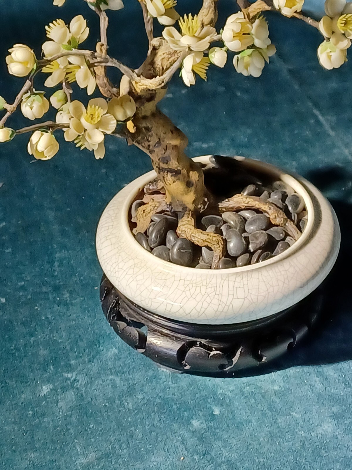 Bonsai Tree Vintage Retro 14″ Artificial Plum Blossom ceramic pot wood pedestal