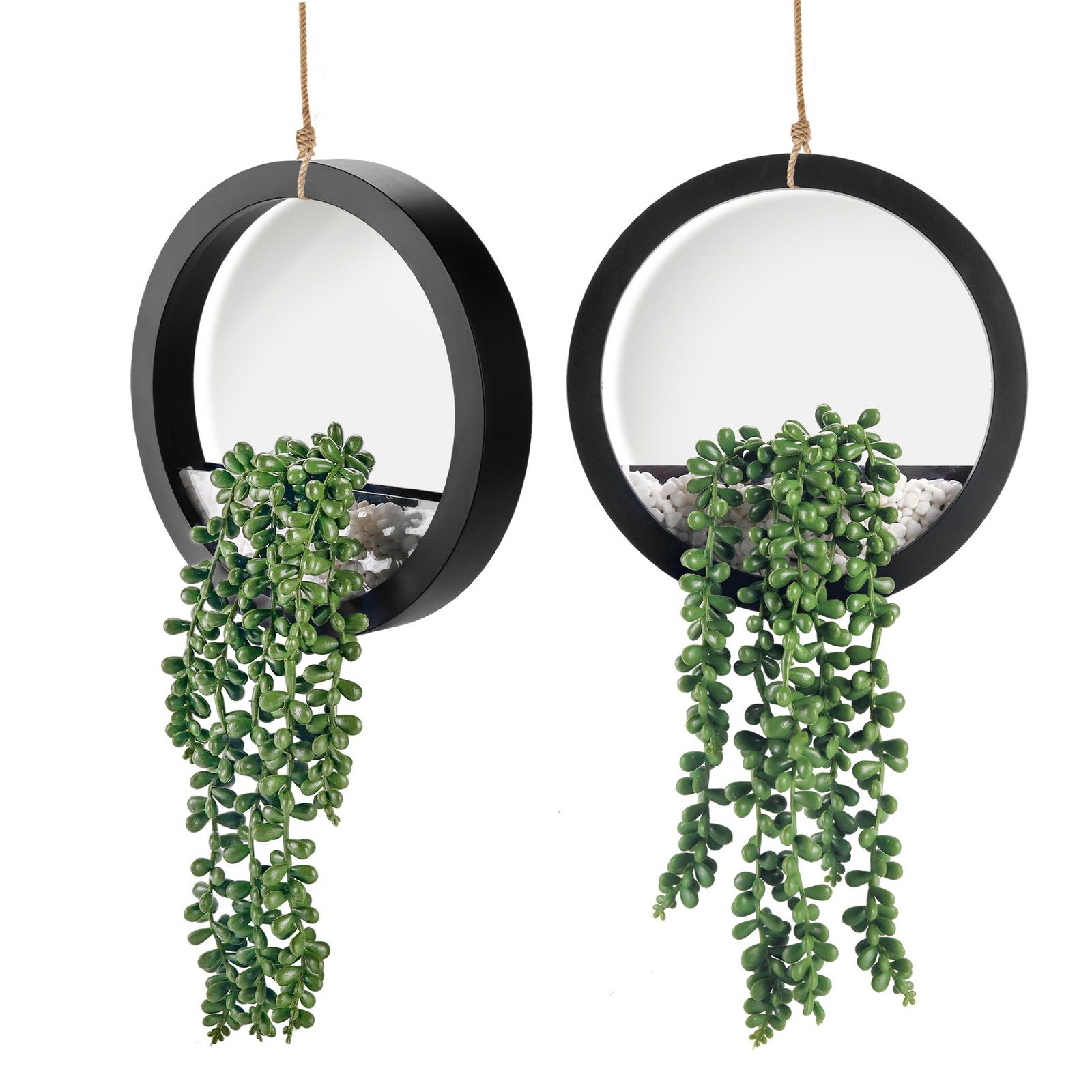 2PC Hanging Artificial Succulents Plants Black Pots Boho Farmhouse Wall Decor 7