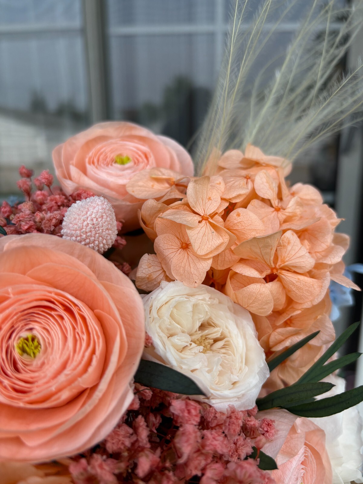 Preserved Flower Arrangement, Peach Blue Boho Centerpiece, Long Lasting Bouquet