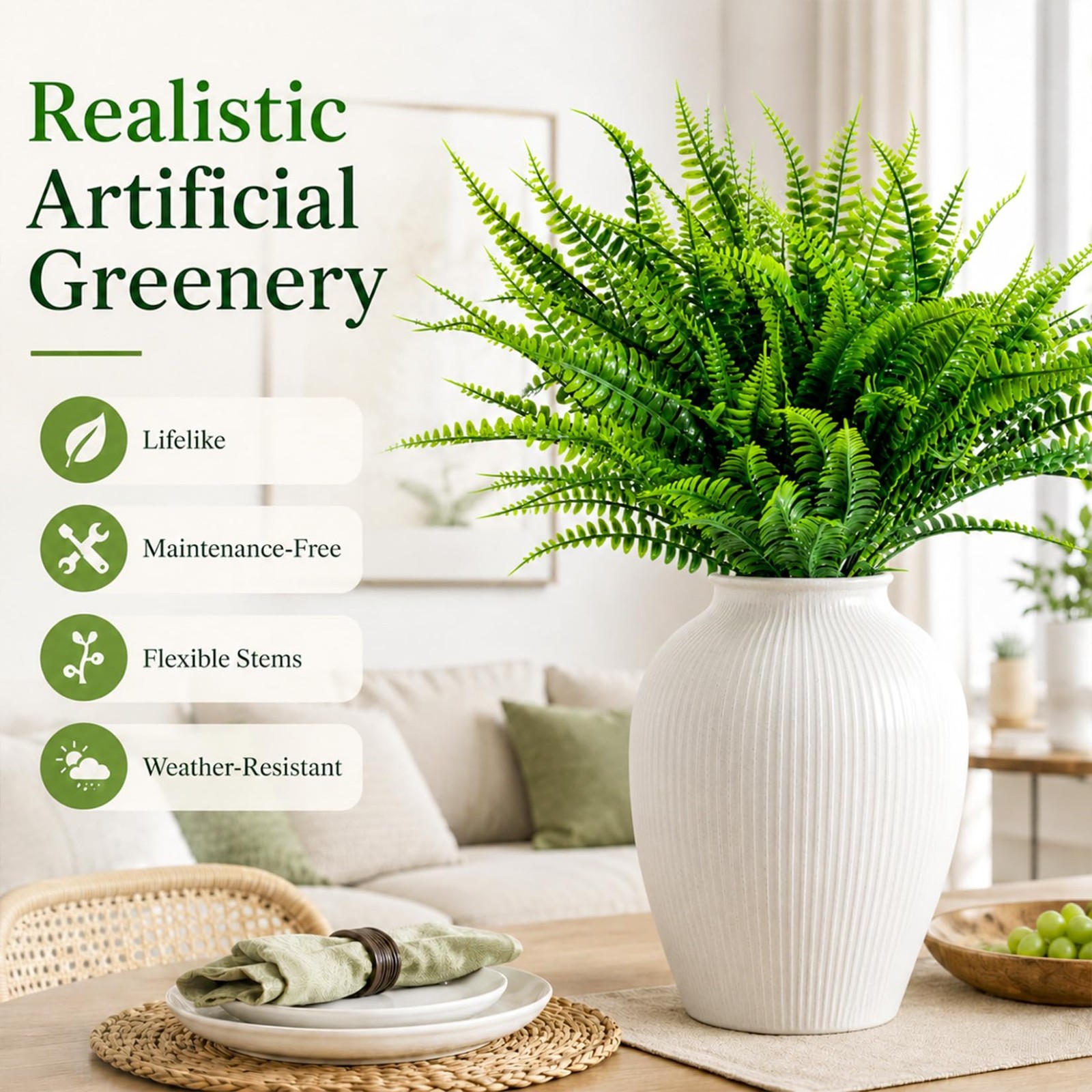 20PCS Artificial Boston Fern Stems – Realistic Faux Greenery for Home, Garden, P