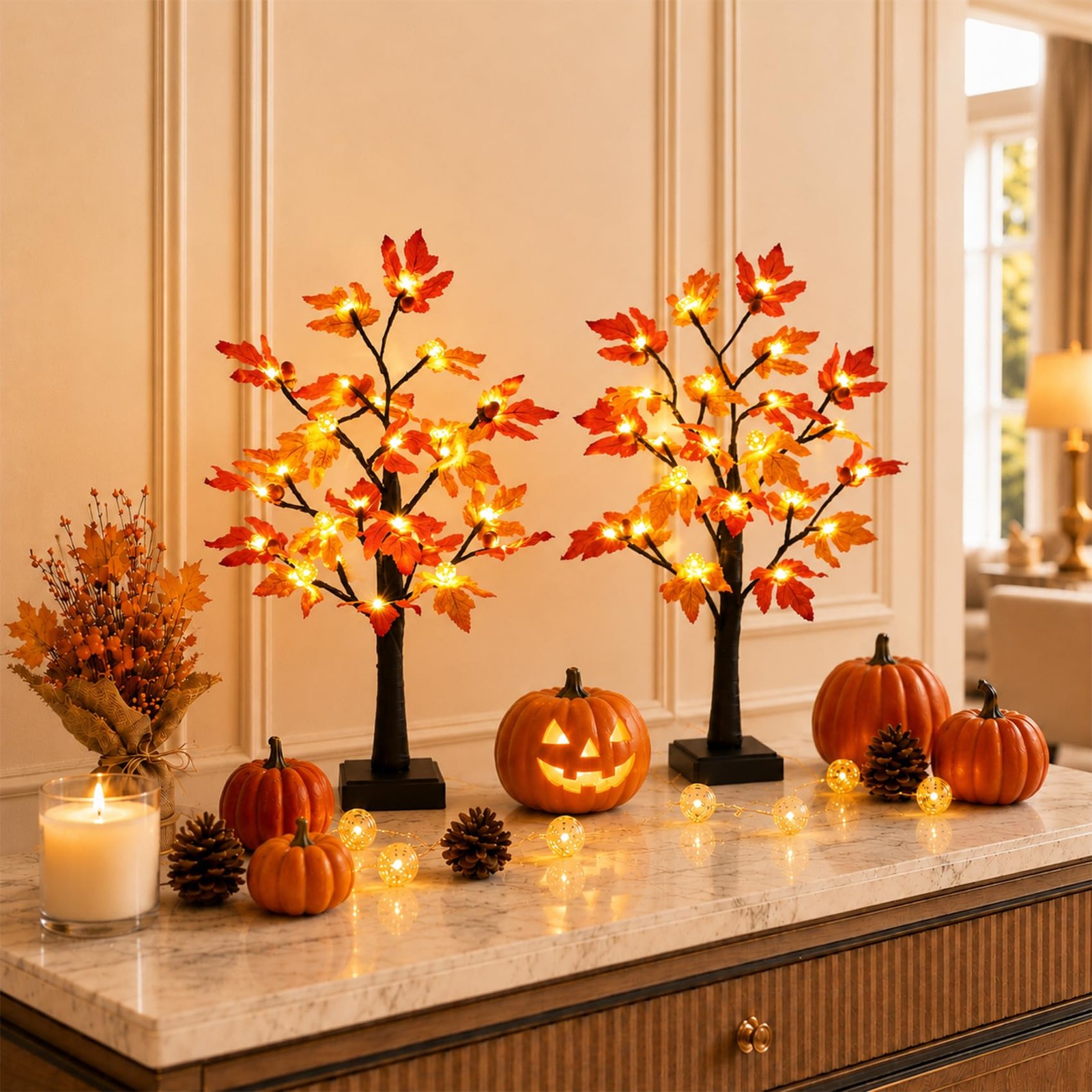 Fall Decor 2 Pack 24 Inch Maple Tree Lights – 48 LED Autumn Decorations with …