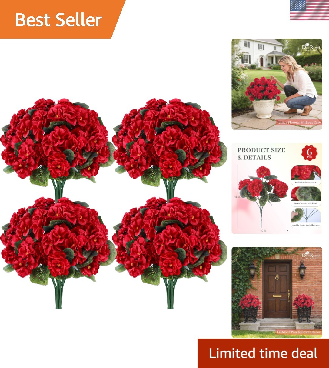 6 Pack Red Artificial Geraniums Flowers for Outdoors UV Resistant Faux Flowers f