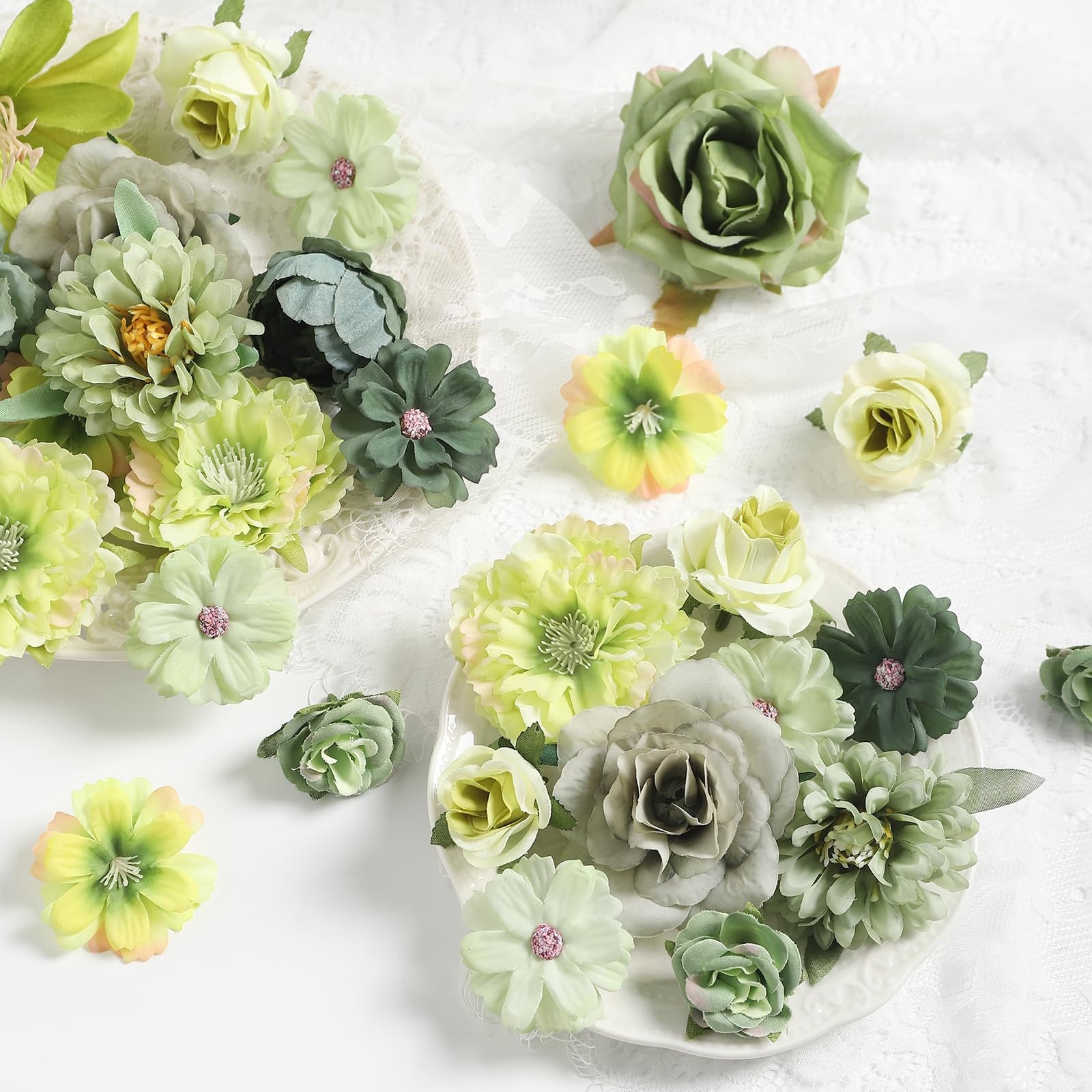 48 PCS Green Silk Artificial Fake Flower Heads Mini Rose Peony Daisy Craft