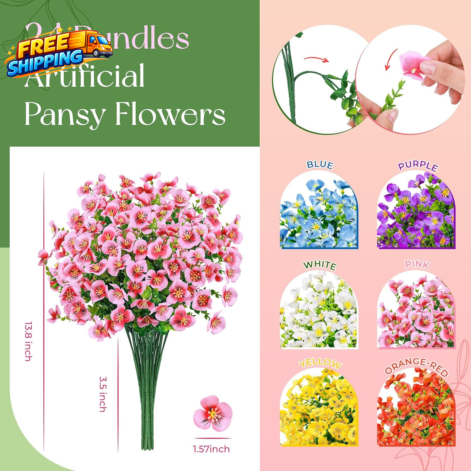 24 Bundles Artificial Pansy Flowers for Outdoors UV Resistant 6 Assorted Colors