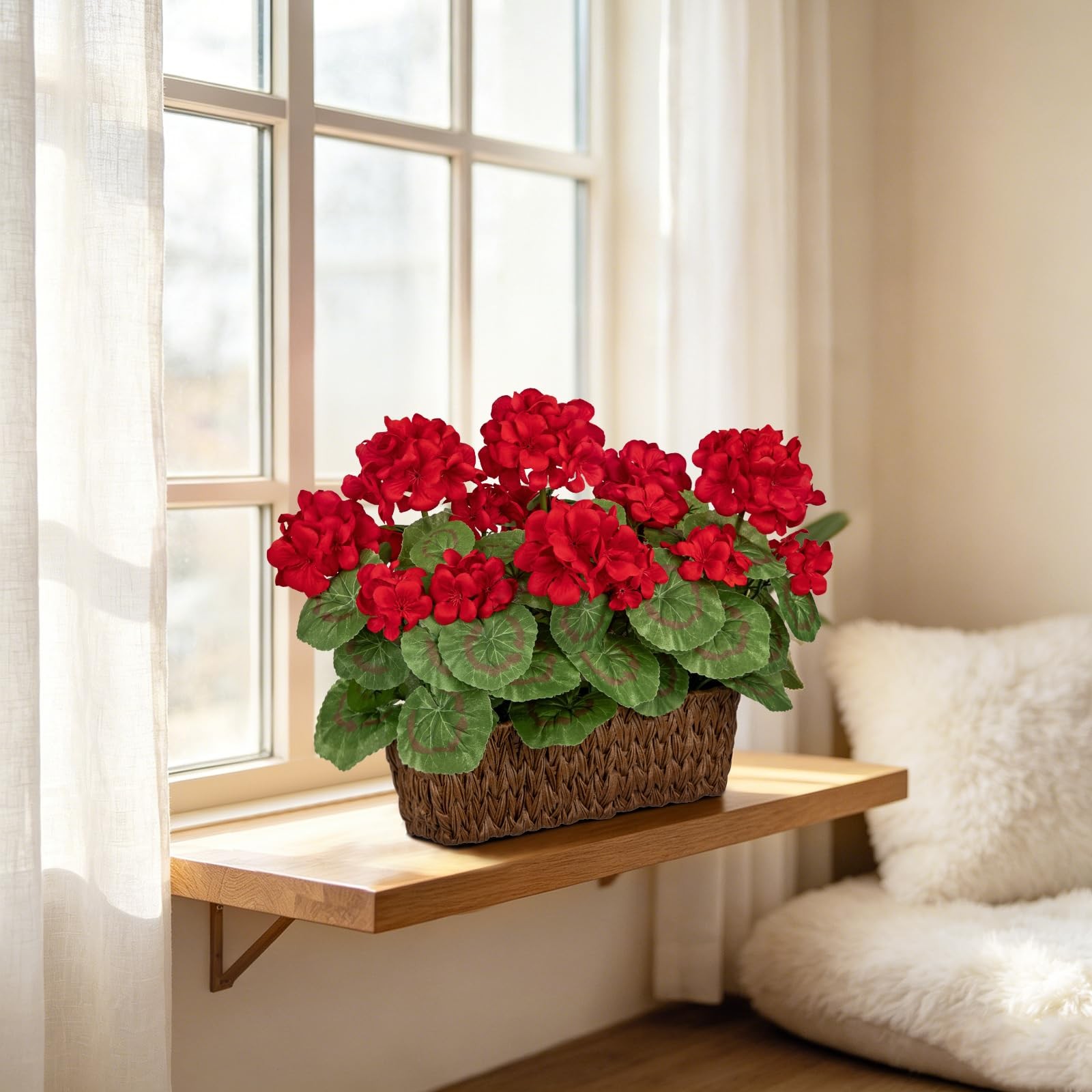 Briful Artificial Geraniums Flowers in Woven Basket Planter, Real Faux Red Si…