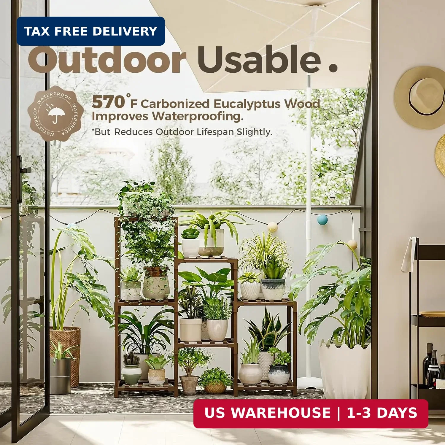 Bamworld Plant Stand Indoor Plant Shelf Outdoor Wood Plant Rack for Multiple Pla