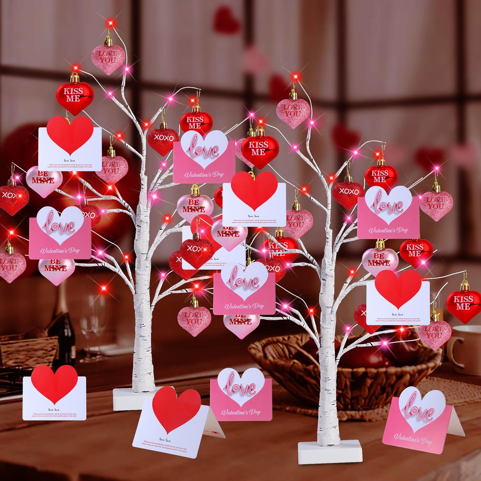 2 Pack Birch Trees with Heart Ornaments 24’’ Artificial Heart Table Tree Vale…