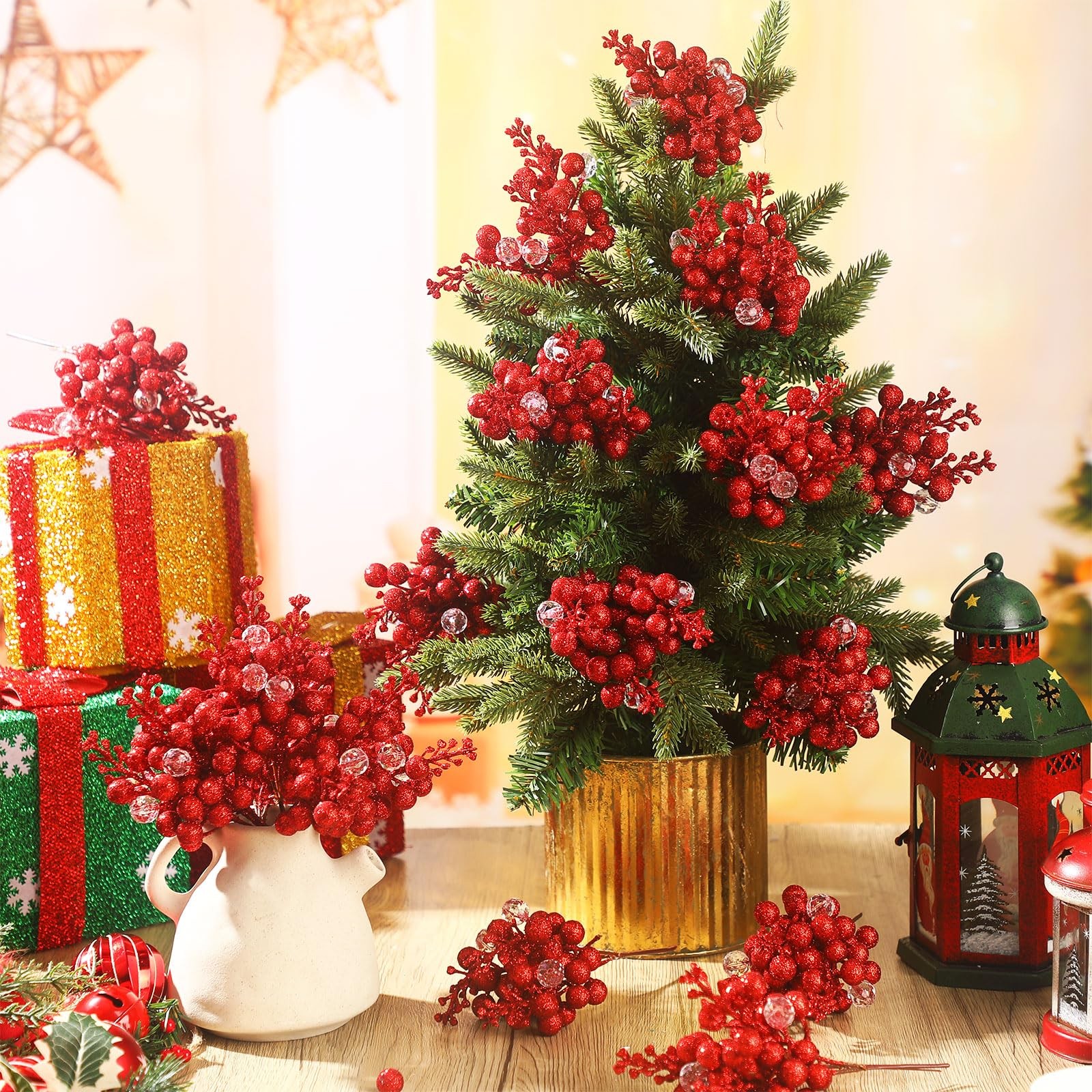 24 Pack Artificial Red Berry Stems Christmas Picks and Sprays Glitter Christm…