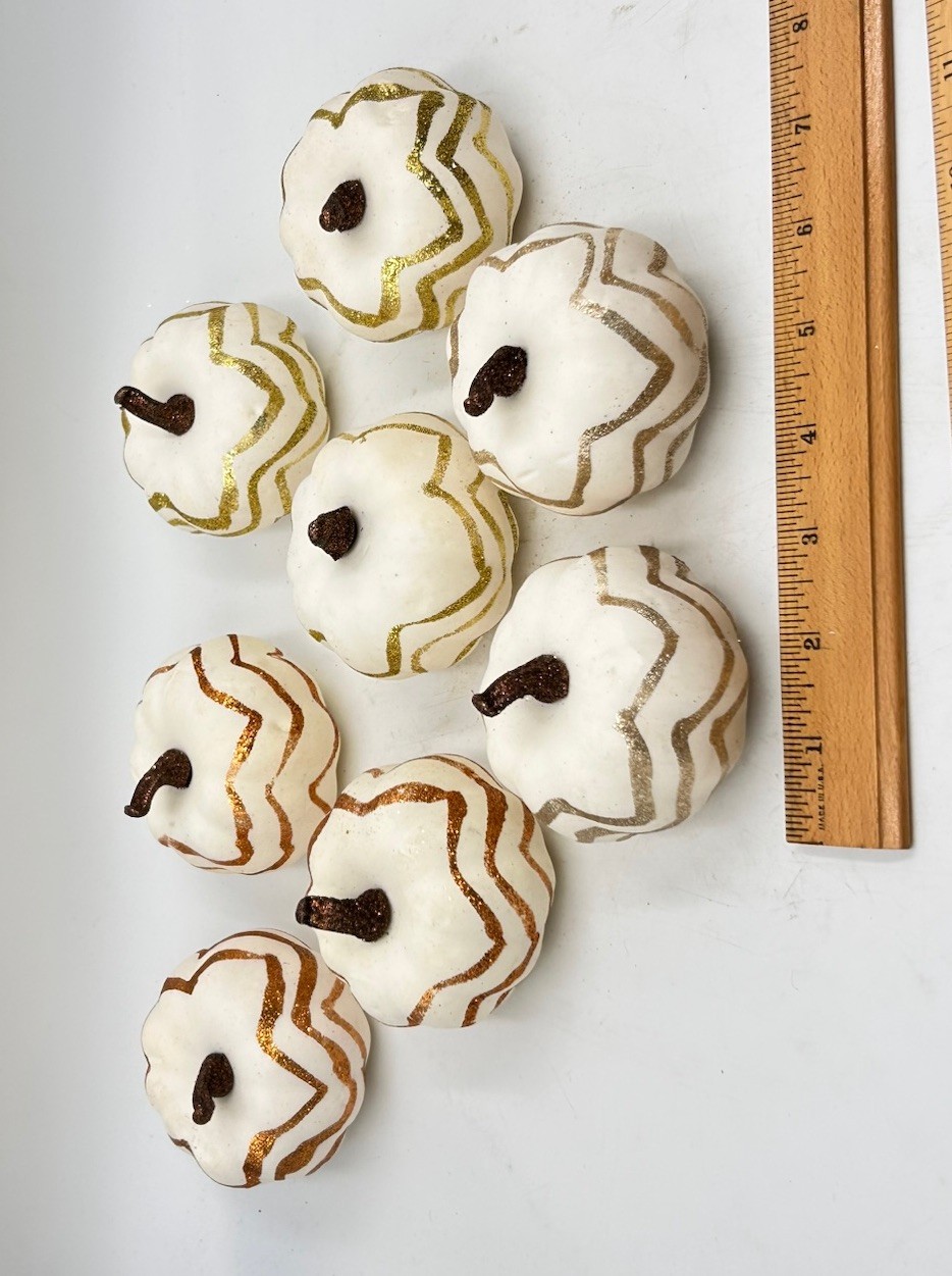 Artificial Faux Pumpkins, 8 PCS White Lifelike Zig Zag Gold/Bronze Paint Glitter