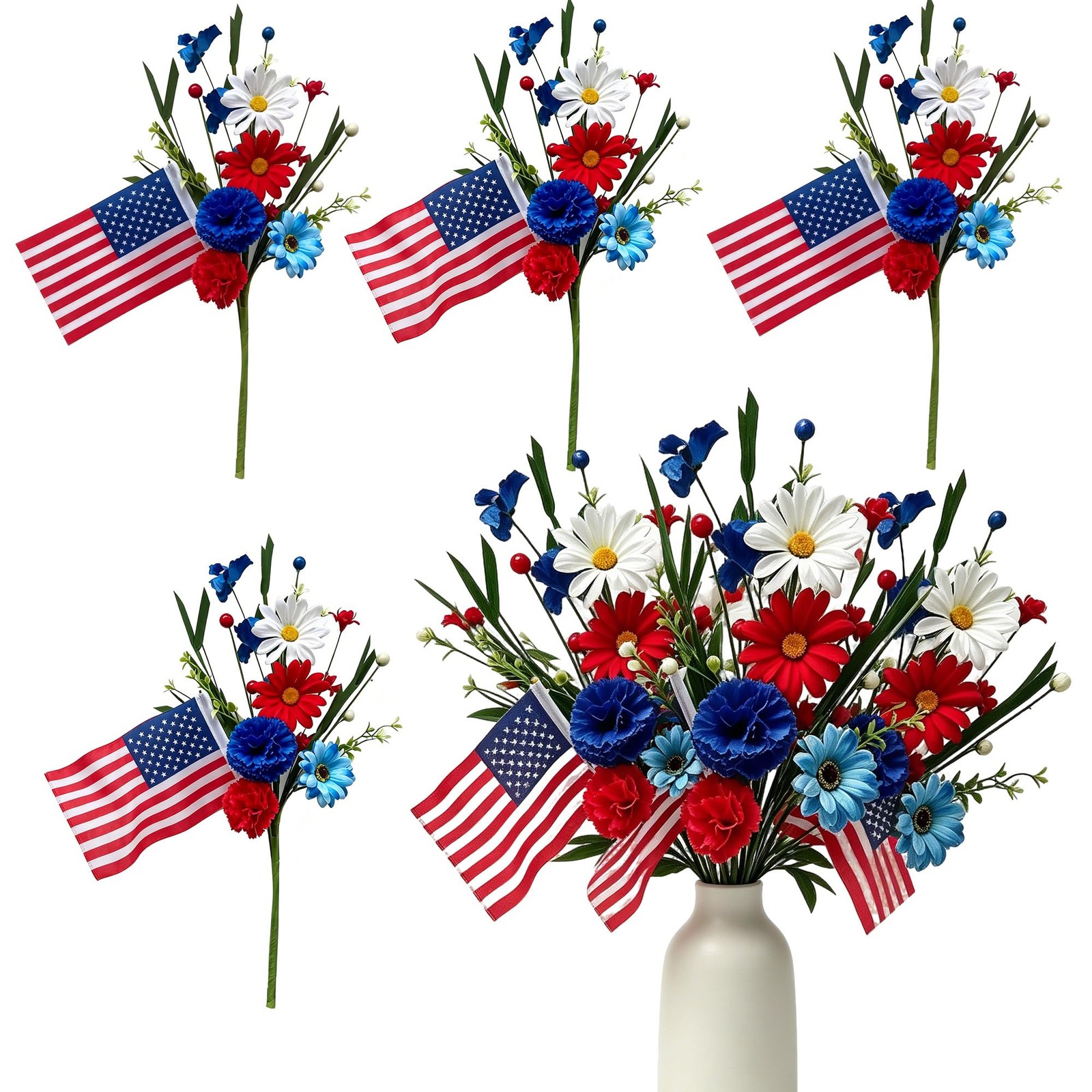 4 Pack 4th of July Picks Patriotic Artificial Red White Blue Daisy Flowers wi…