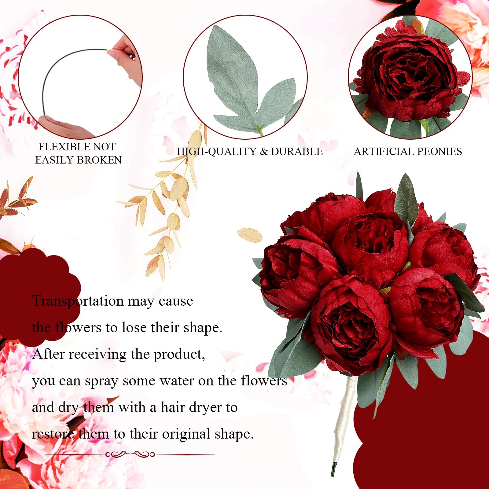 50 PCS Burgundy Artificial Peonies Fake Flowers Faux Silk Arrangements