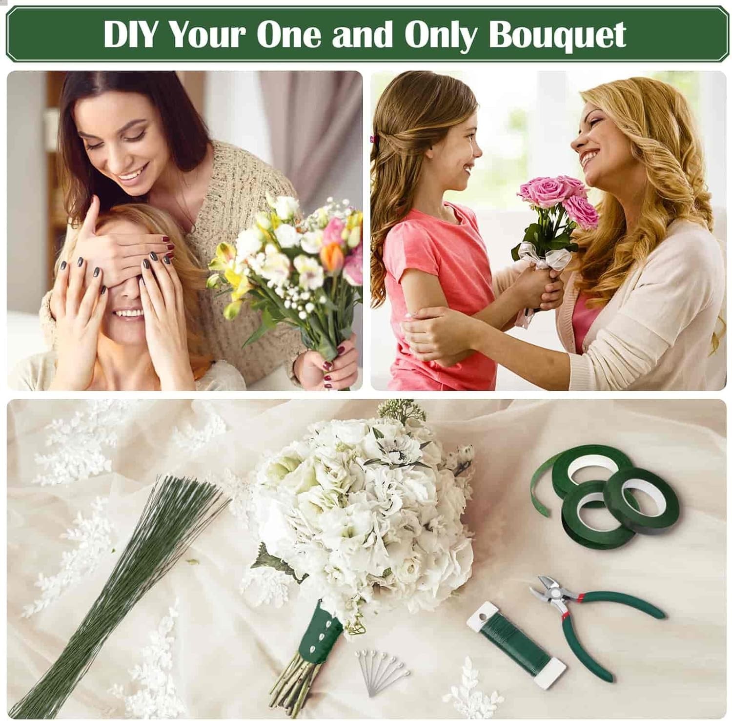 Floral DIY Kit: 100 pcs Wire, 3 Rolls Tape & Boutonniere Pins for Arrangements