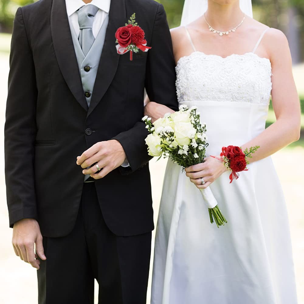 Wrist Corsage Boutonniere Set Bride Groom Wedding Prom Rose Suit Flower