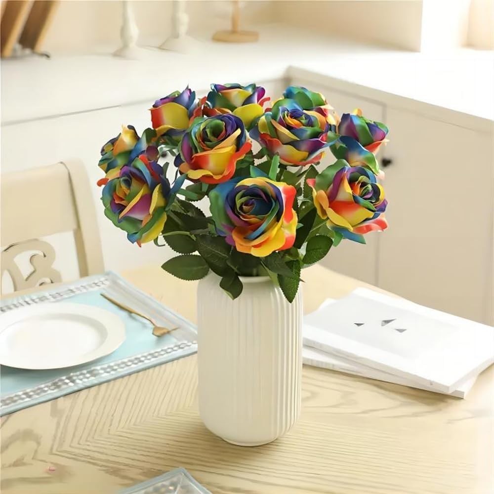 12 PCS Artificial Flowers Rainbow Roses Silk Flowers Fake Long Stem Artificial
