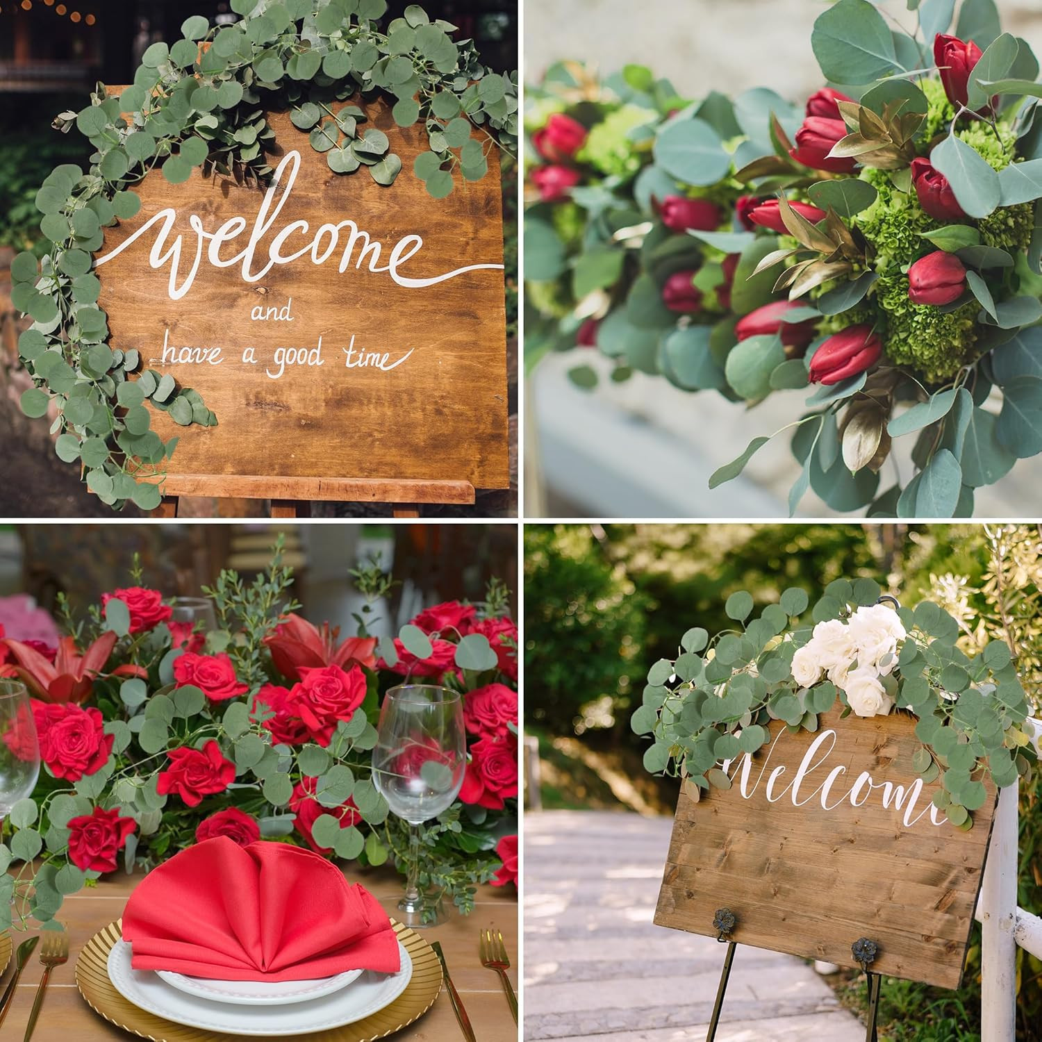 8Pcs Artificial Eucalyptus Garland Greenery Leaves Silk Vines Silver Dollar Leav