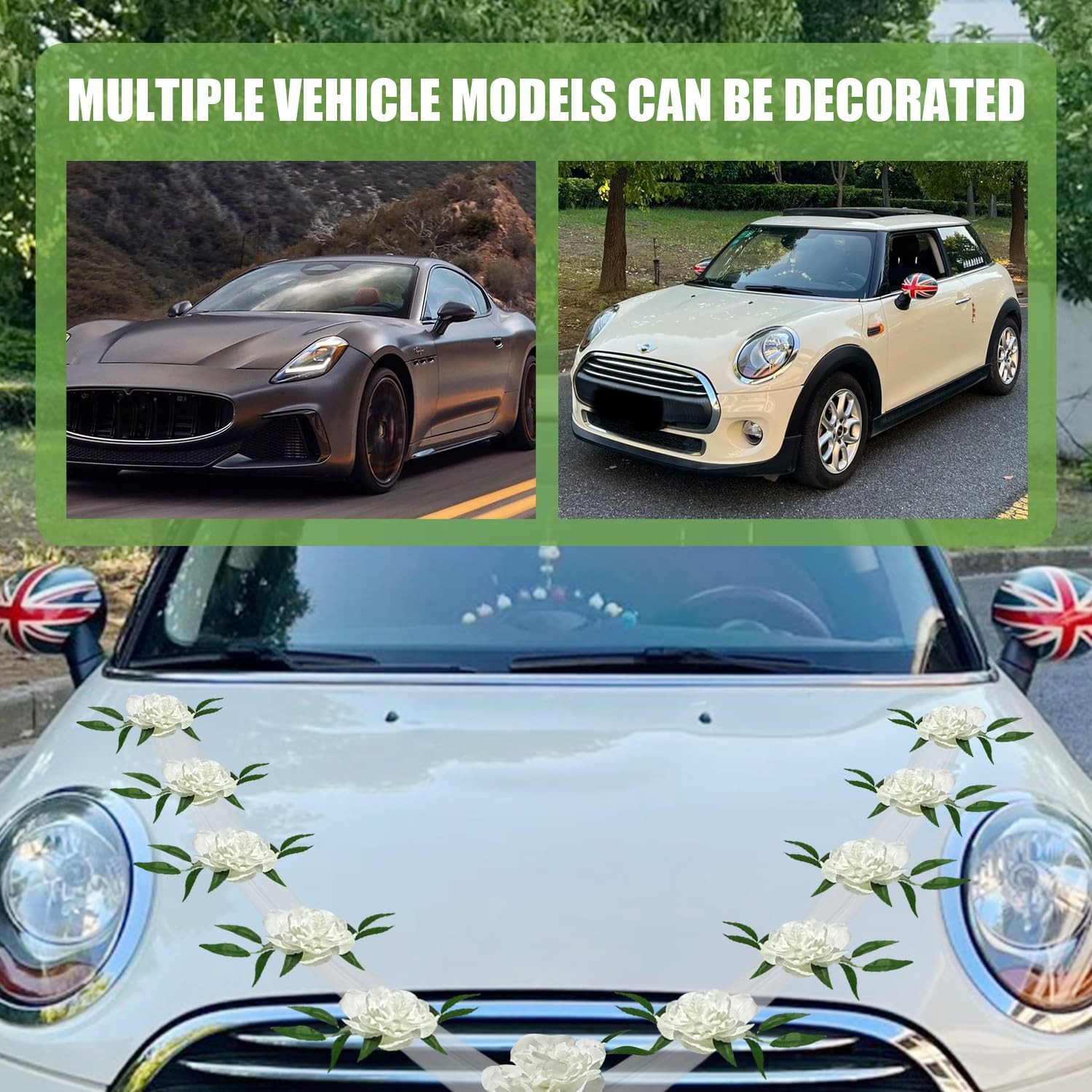 Artificial Wedding Car Decorations Kit, Suction Cups, Flowers, Ribbon, Red