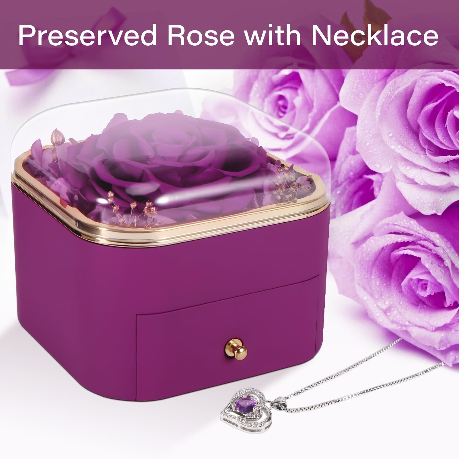 Preserved Real Purple Roses Gift Jewerlry Box, Real Eternal Rose Flower with …