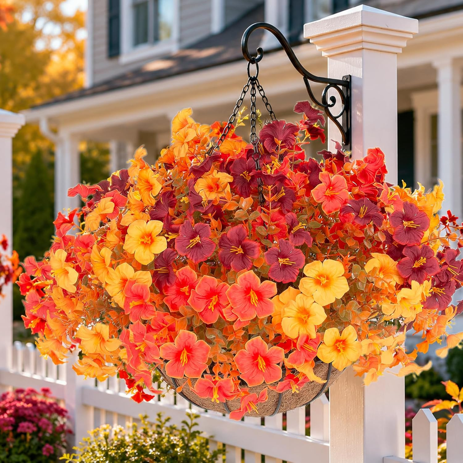 2 Set Artificial Outdoor Fall Flowers with Hanging Baskets, 24 Pcs Faux Petunias