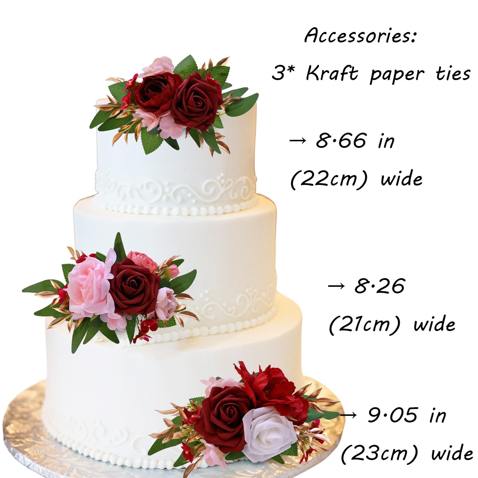 3 PCS Burgundy Red Wedding Cake Topper Set Artificial Flowers Anniversary