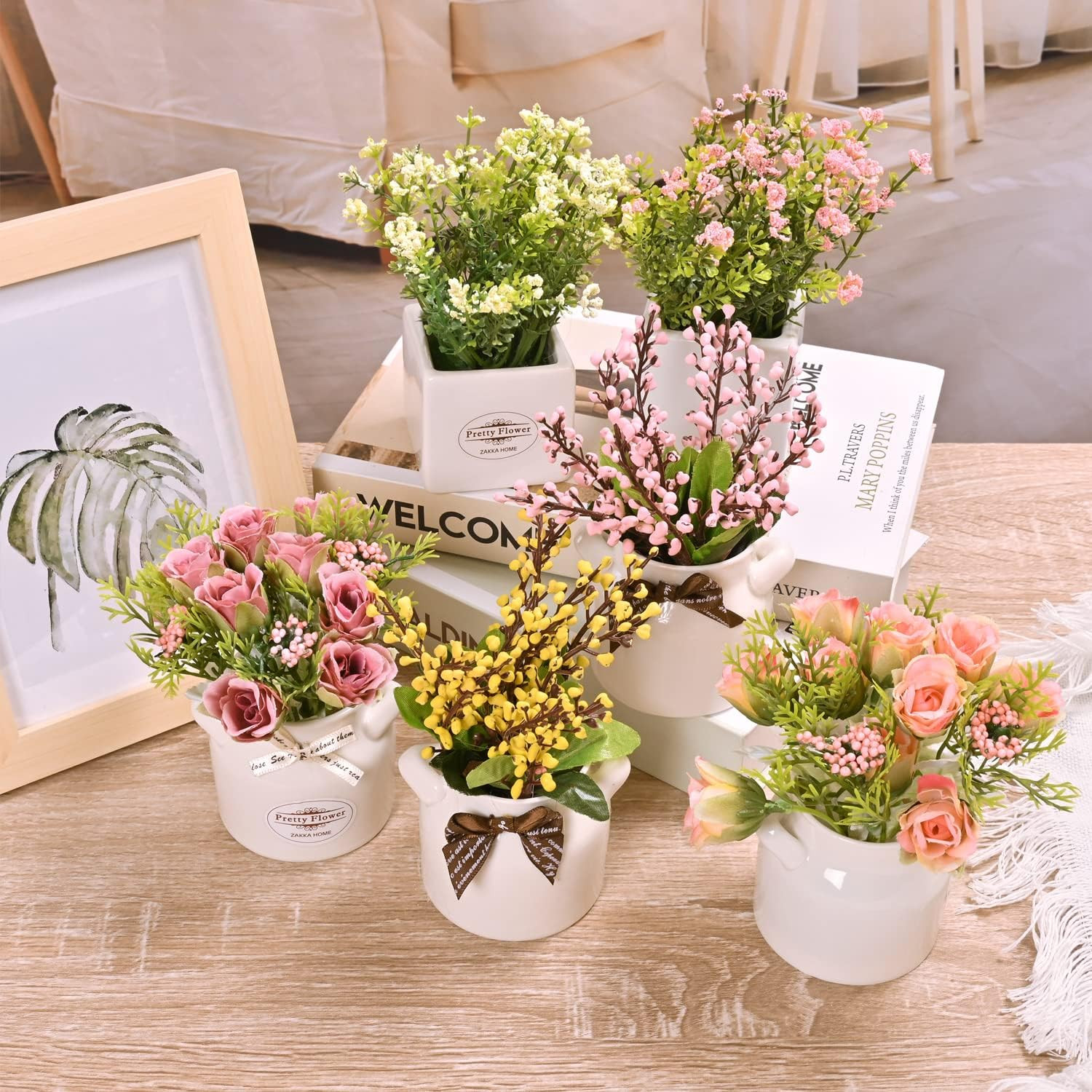 6Pcs Artificial Flowers with Ceramic Pot Small Faux Spring Flowers in Vase
