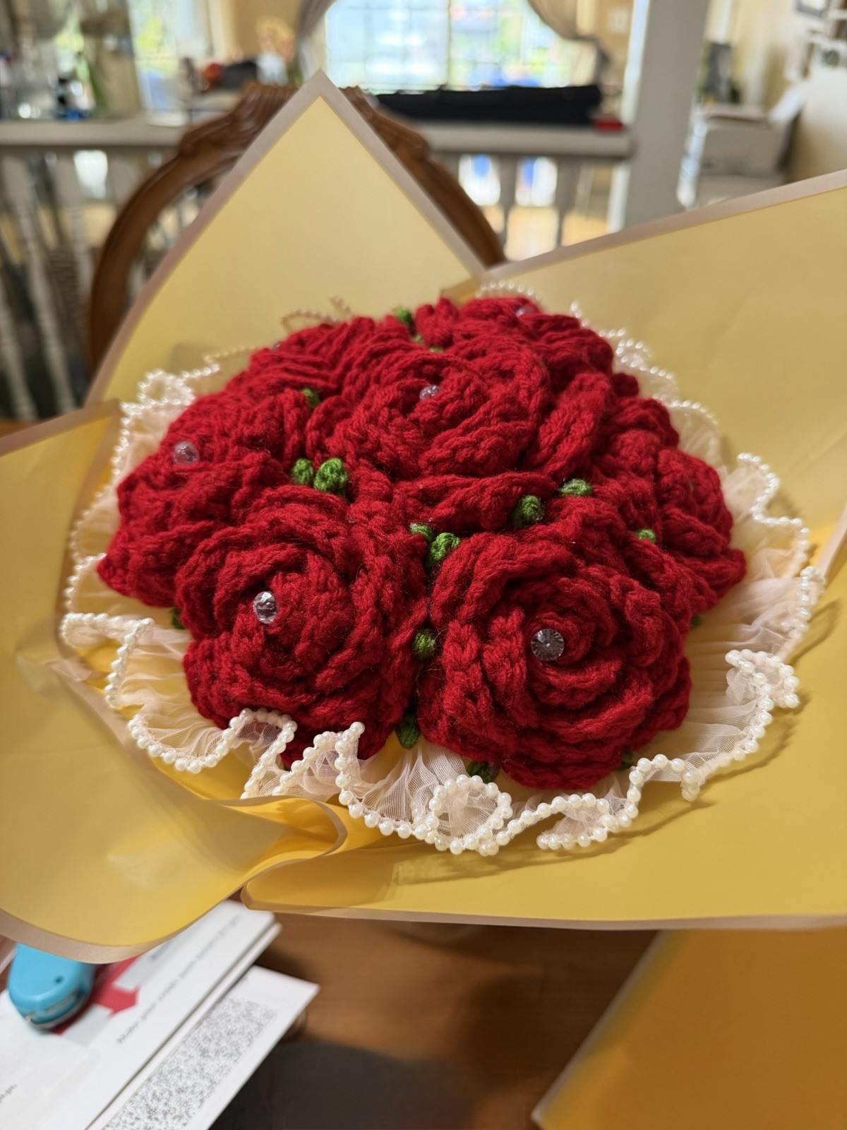 Red Crochet 7 Rose Bouquet Handmade