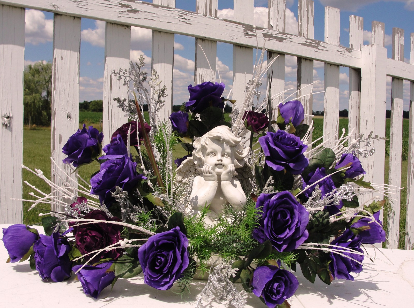 Angel Funeral Sympathy Flowers Purple Roses White Silver Centerpiece Table Decor