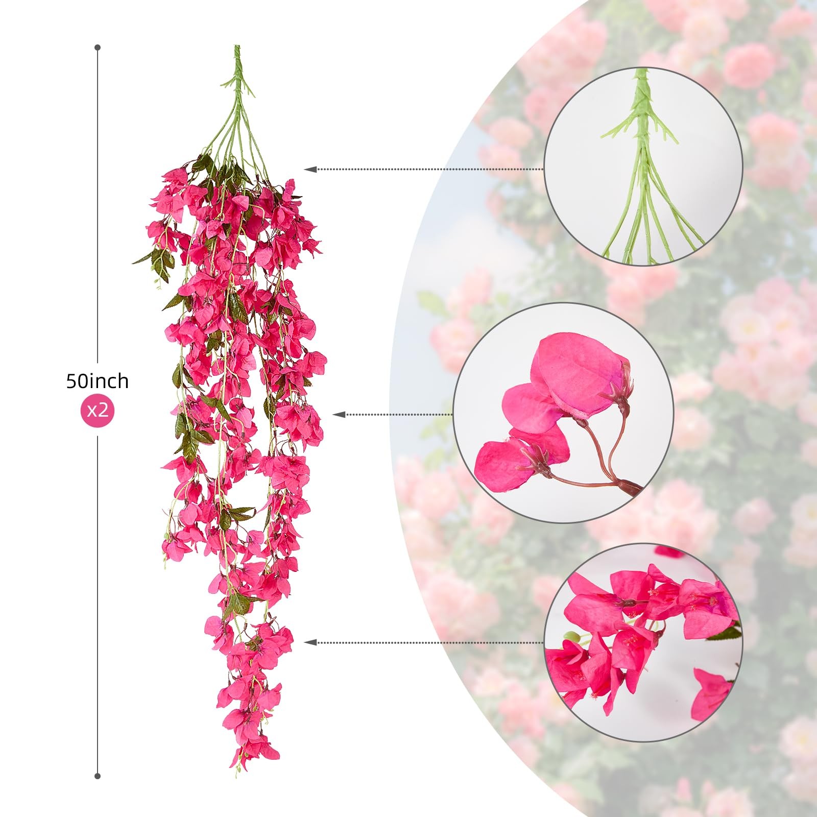 2 PCS 50 Inch Silk Bougainvillea Artificial Flowers, Faux Triangle Plum Flowe…