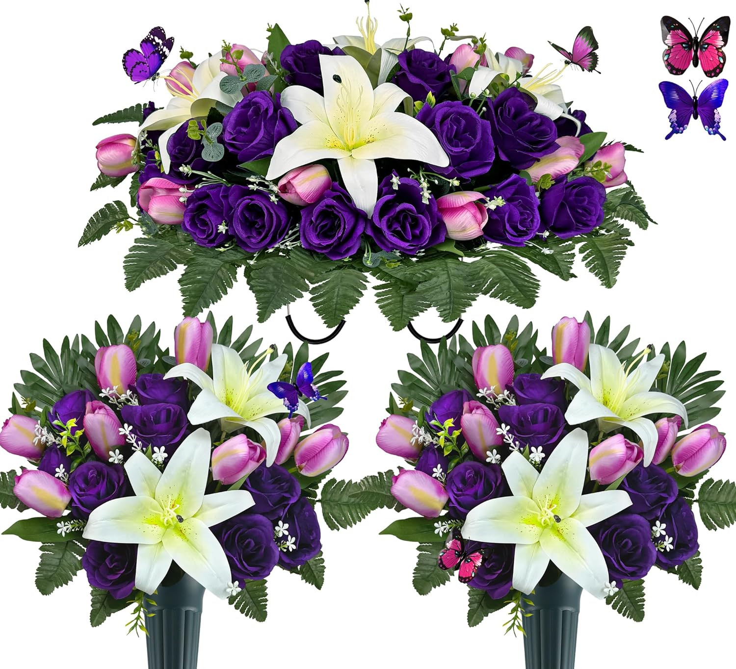 Elegant Cemetery Flowers with Vases – Silk Lilies & Butterflies, Purple/White
