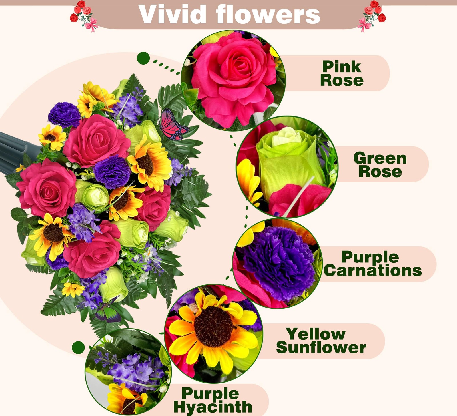 Grave Flowers Colorful Memorial Silk Bouquet With Vase Graveyard Decor 1 PCS