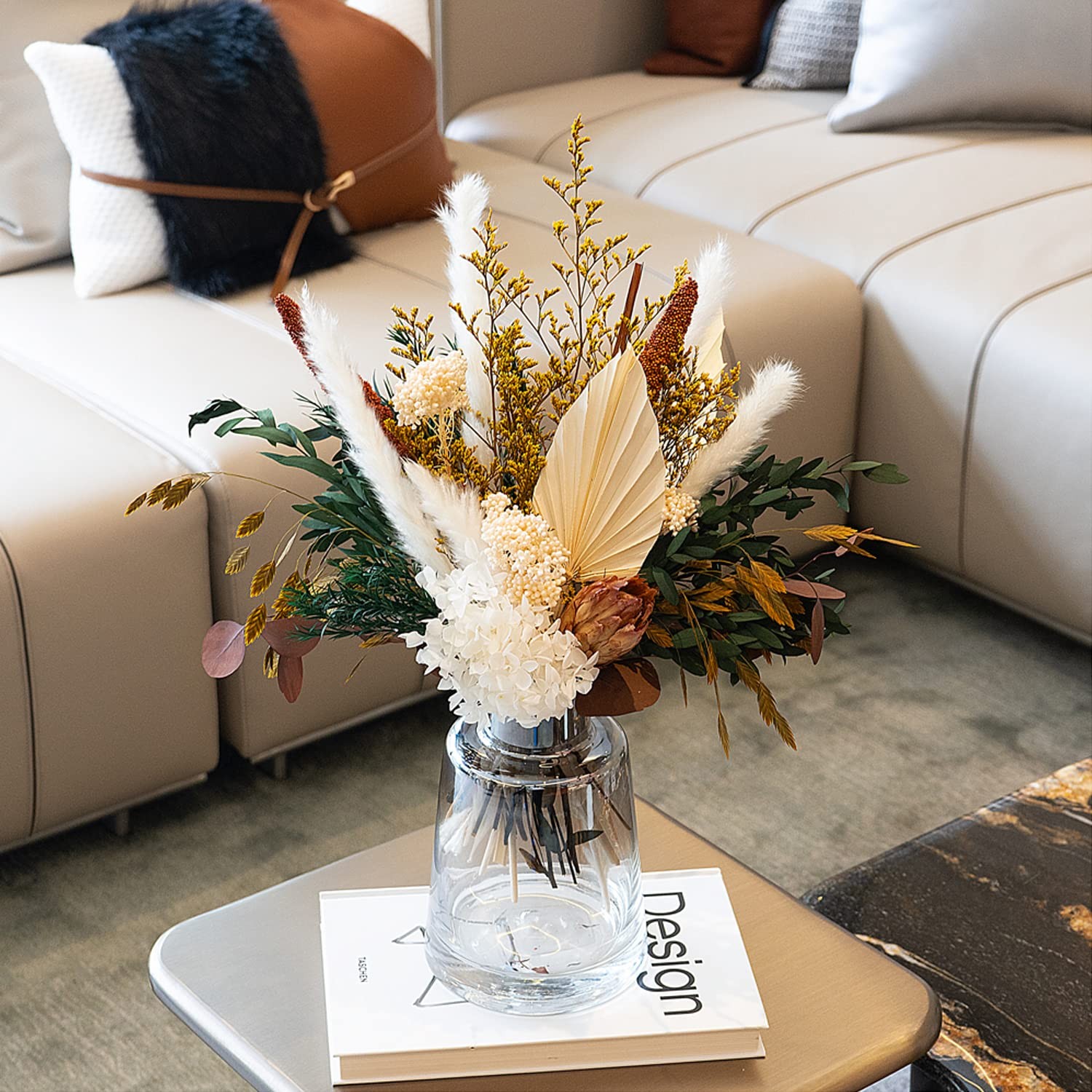 Neutral Dried Flower Bouquet, Cream White & Green Boho Dried Floral Arrangeme…