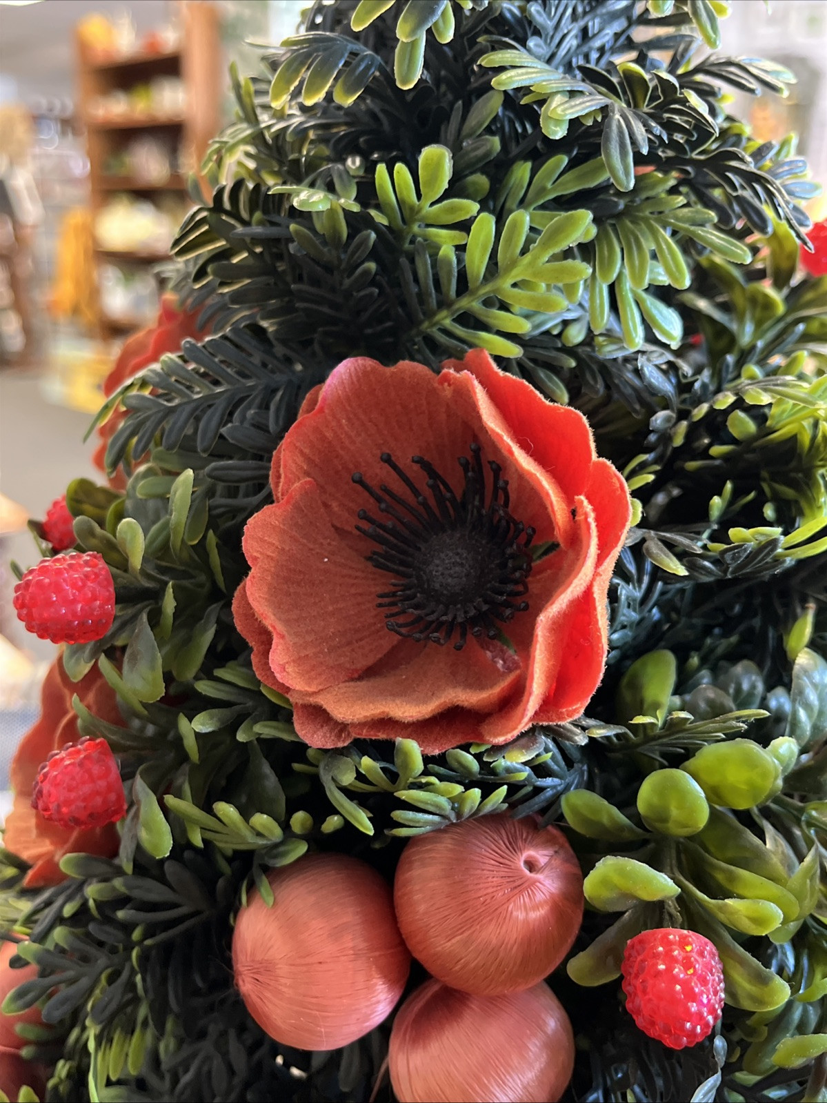 Vtg Mid-Century Plastic Floral Poppies Fruit Arrangement Centerpiece Xmas Tree