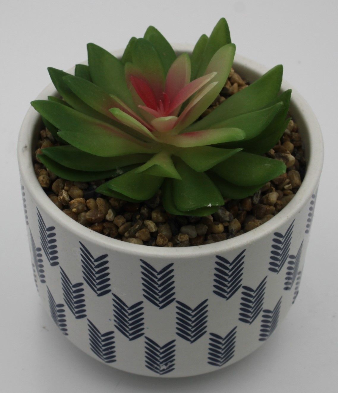 Modern Coastal Artificial Succulent Plant in White Ceramic Pot w Navy Accents