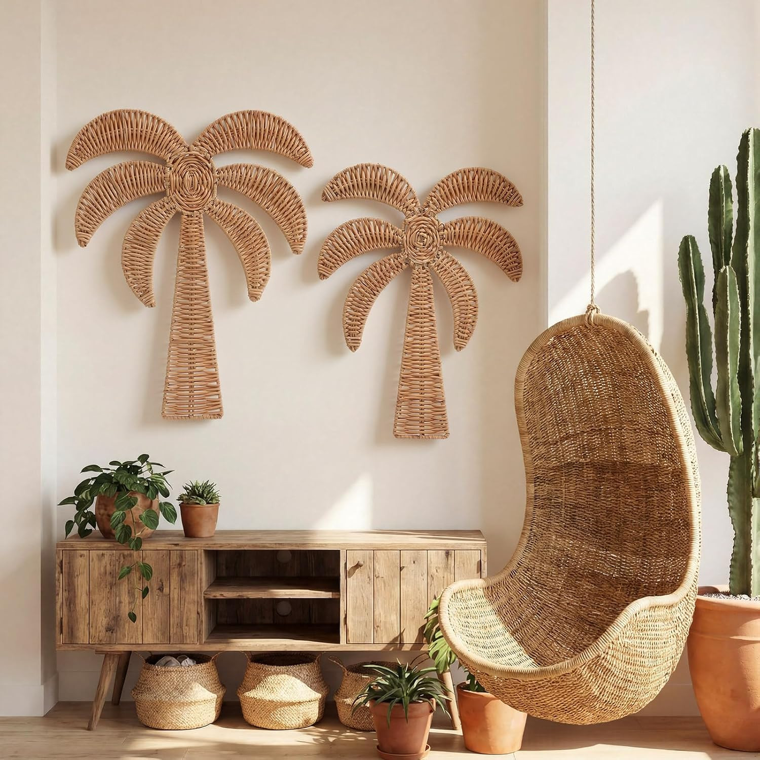 Coastal Rattan Palm Tree Wall Decor – 2 Pcs for Boho Beach Vibes