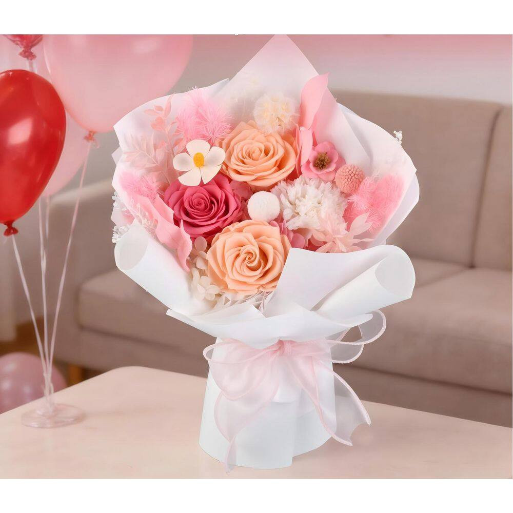 12.59-Inch Pink Artificial Preserved Rose Bouquet-Includes Gift Box and Greeting