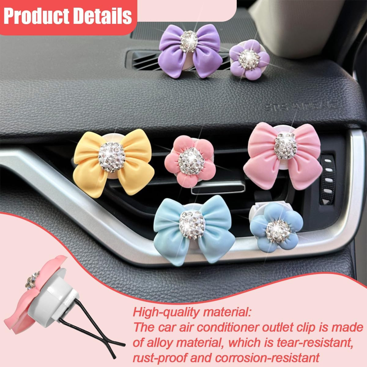Bling Flower & Bow Car Air Vent Clip, 8PCS Crystal Rhinestone Cute Vehicle Condi