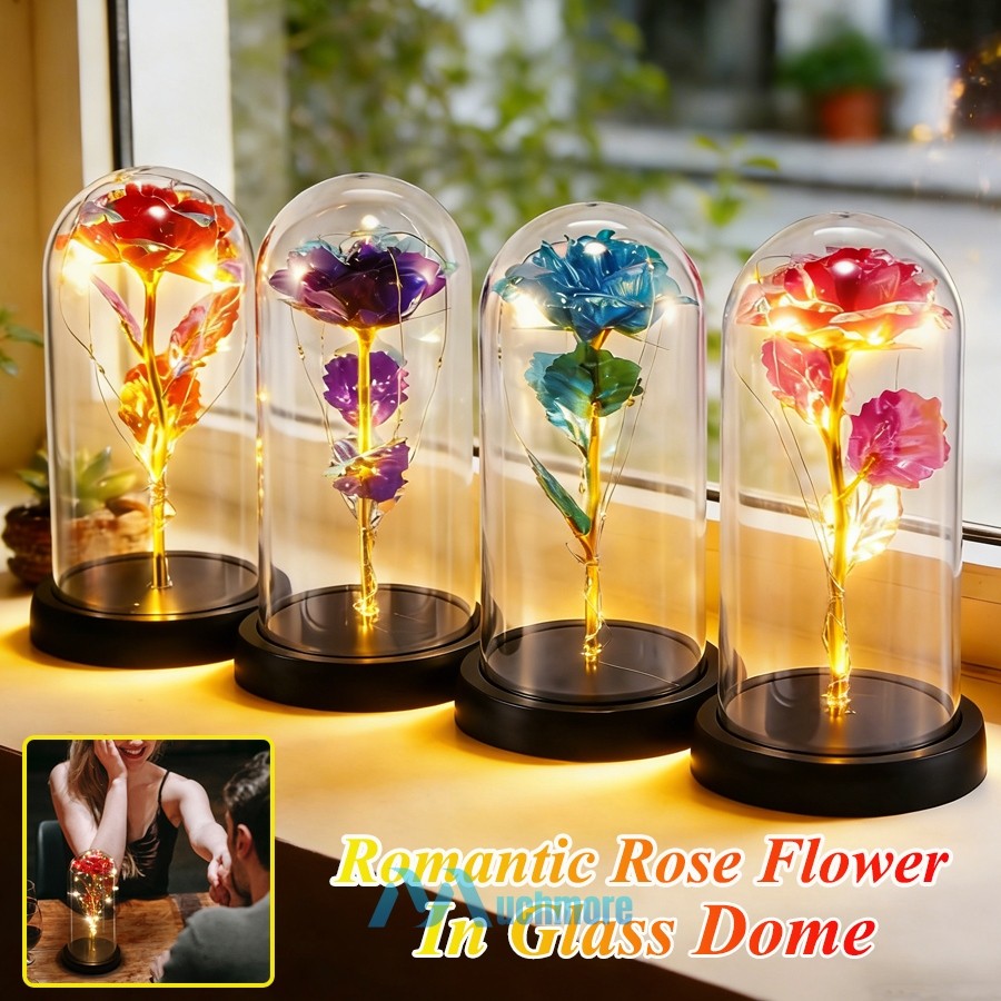 Preserved Eternal Galaxy Rose Flower In Glass Dome with LED Light Gift for Her
