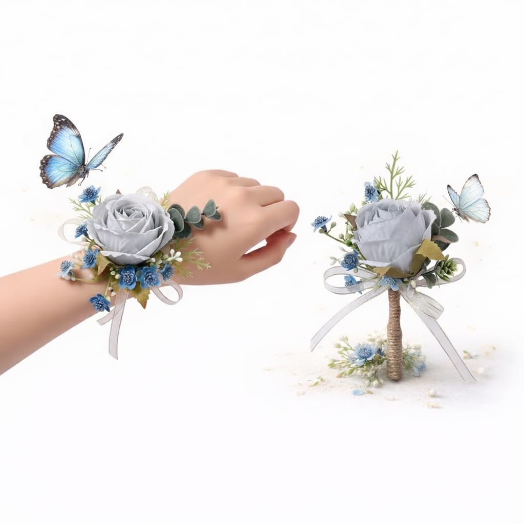 Blue Faux Pearl Wrist Corsage Boutonniere Set Prom Wedding Graduation