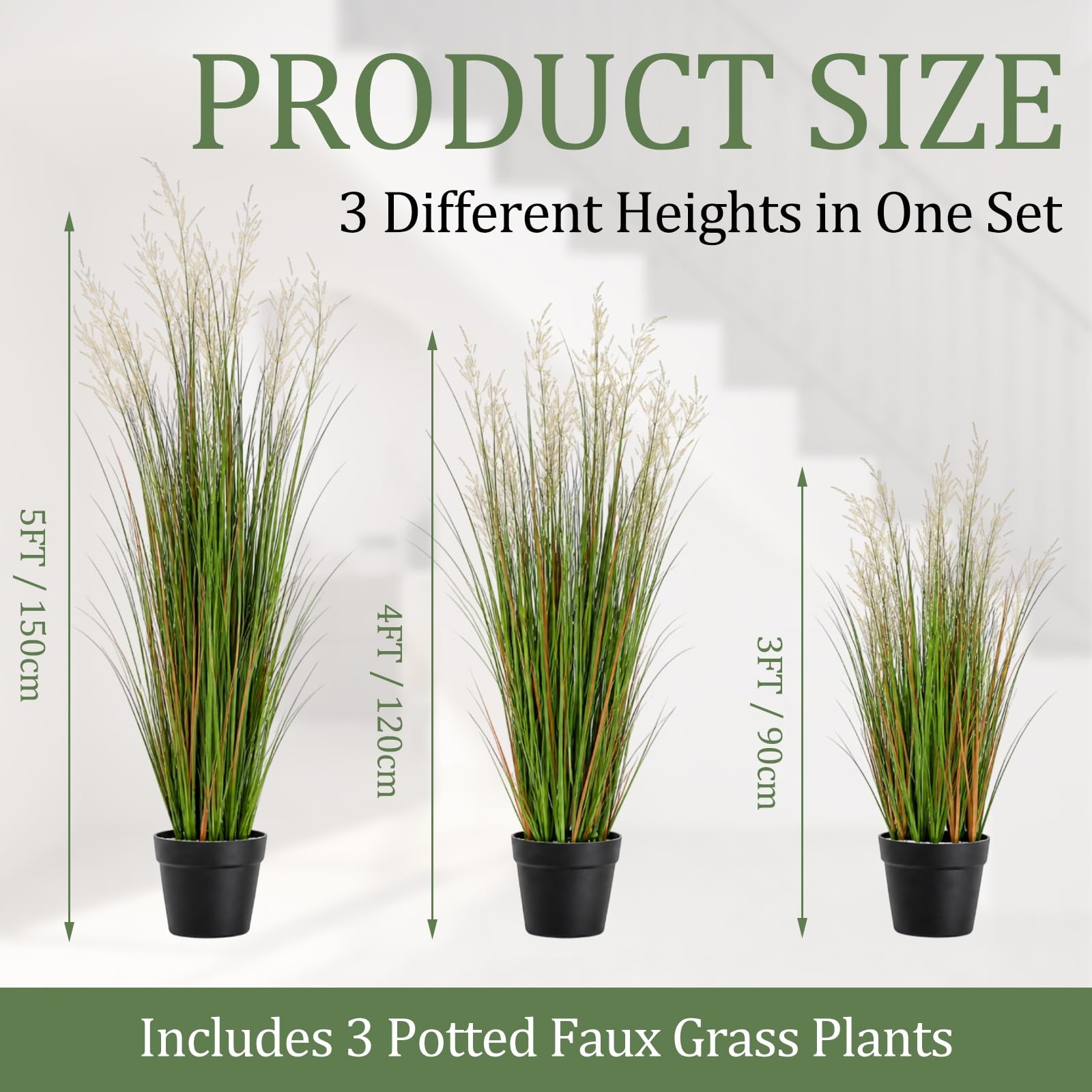 3 Pcs 3/4/5 ft Tall Artificial Grass Plant Potted Artificial Greenery Floor P…