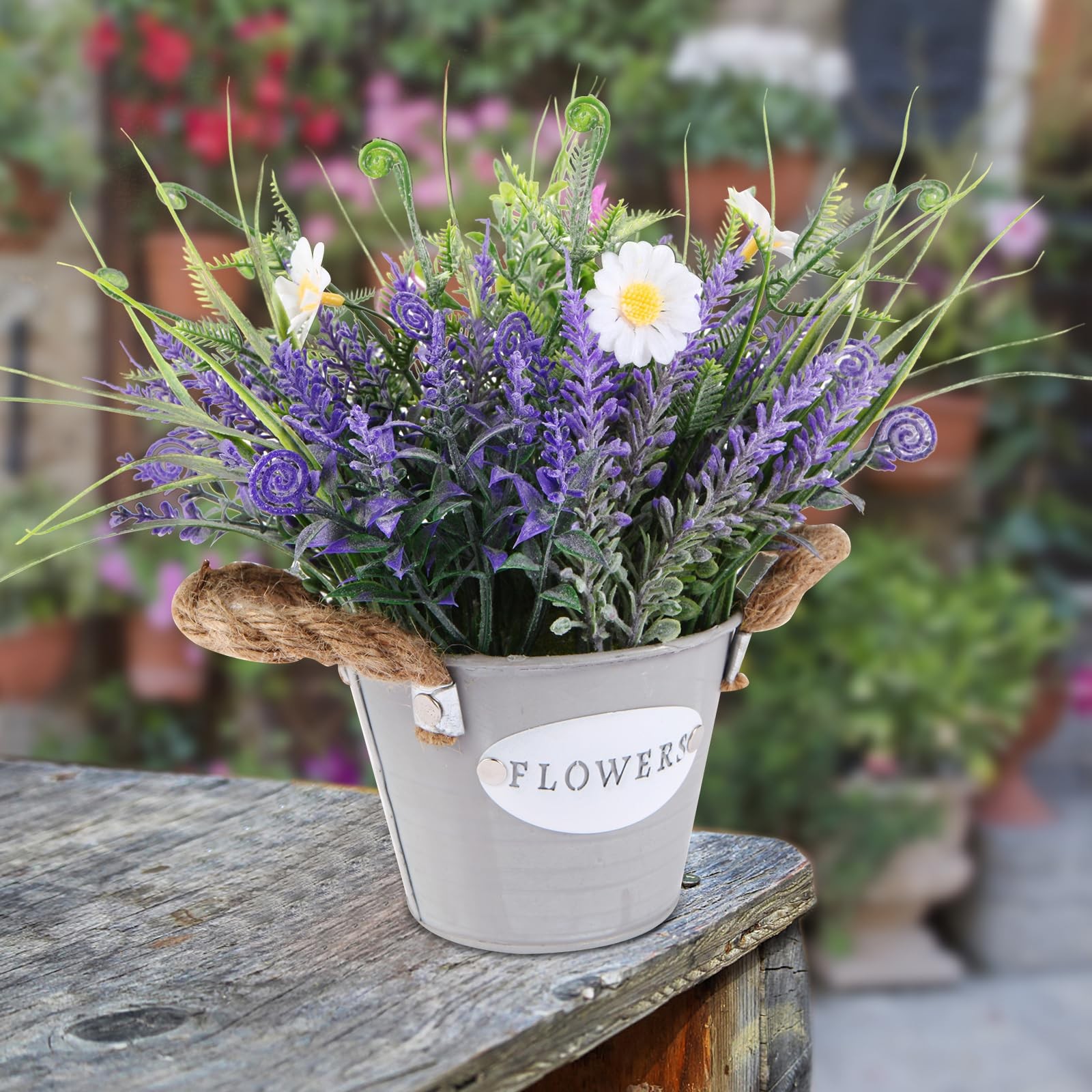 Artificial Lavender Plant 10″ Purple Flowers with White Daisy in Galvanized P…