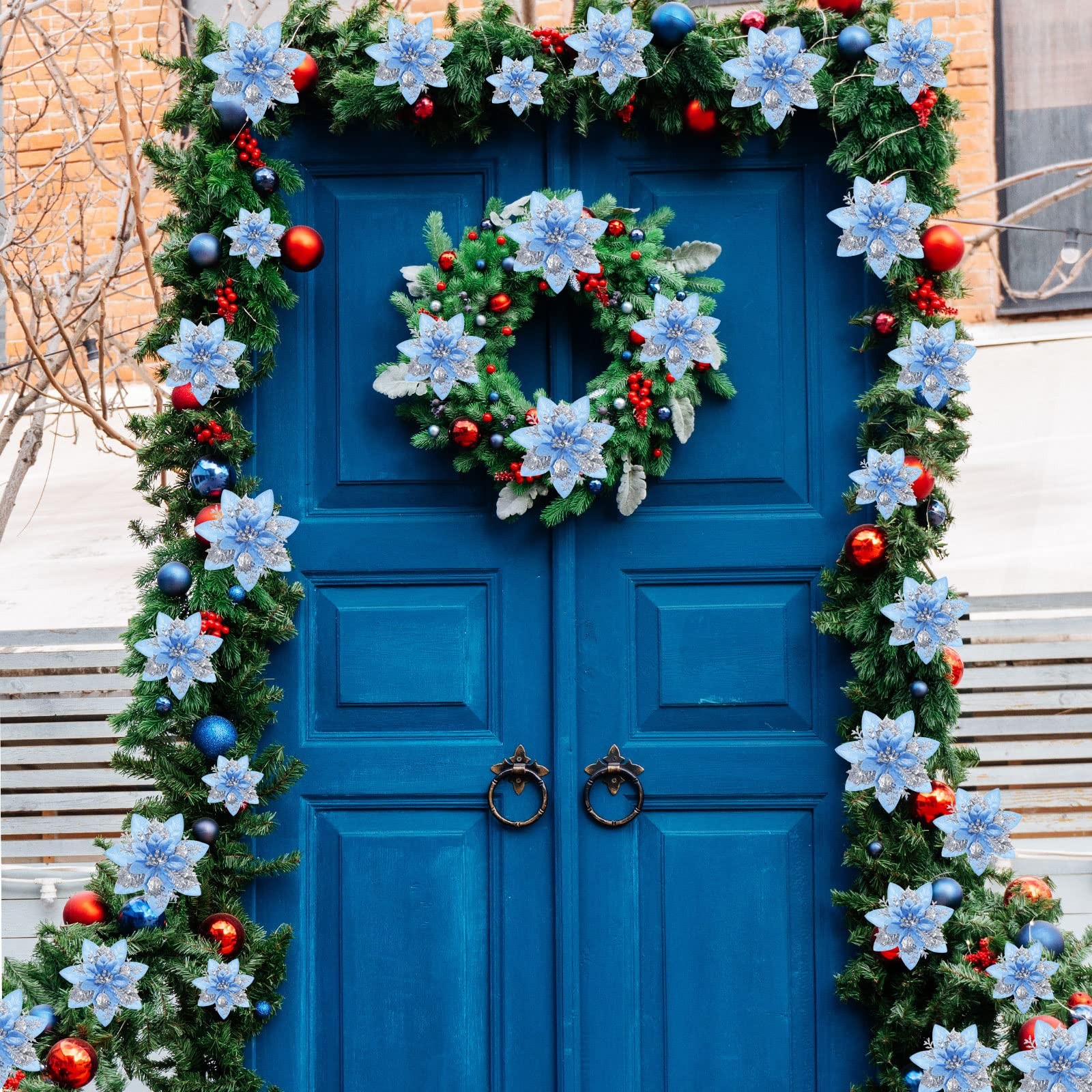36 PCS Christmas Glitter Artificial Poinsettia Flowers Ornaments Silver Blue