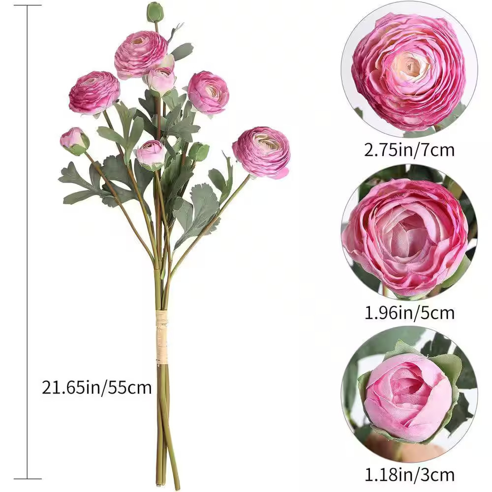 18 Heads 21.65 In. Purple Ranunculus Artificial Purple Rose Silk Flowers Fake Pe