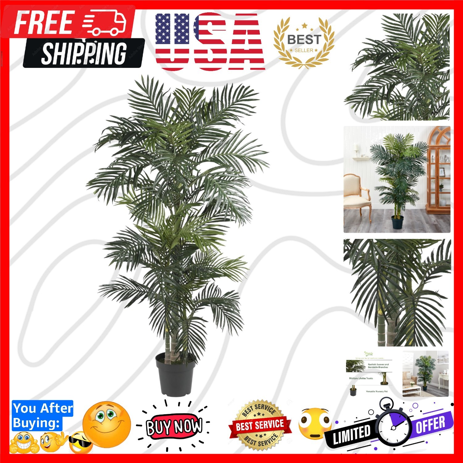 6.5 ft Artificial Golden Cane Palm Tree with Nursery Pot | Lifelike Silk Indo…