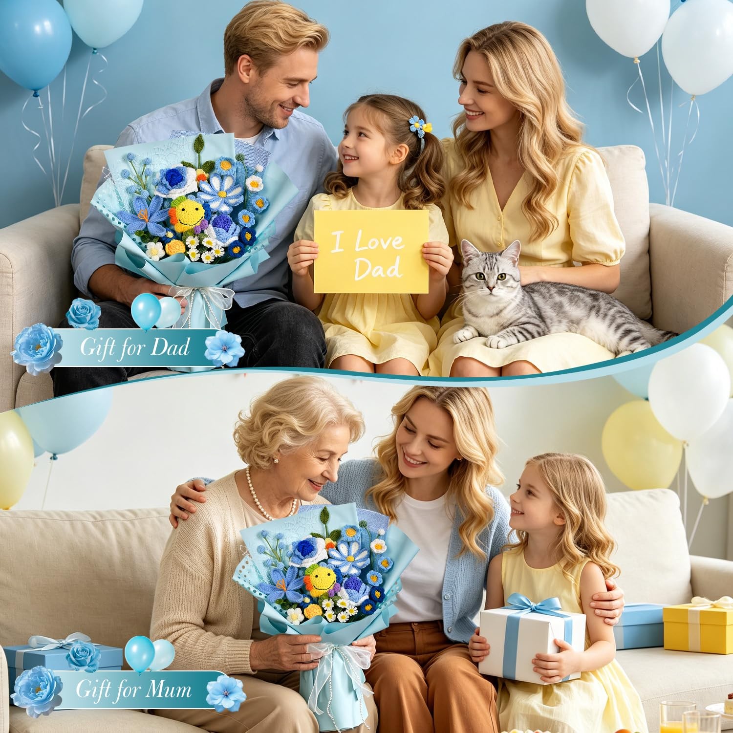 Crochet Flower Bouquet, Smiling Sunflower Tulip Rose, Blue