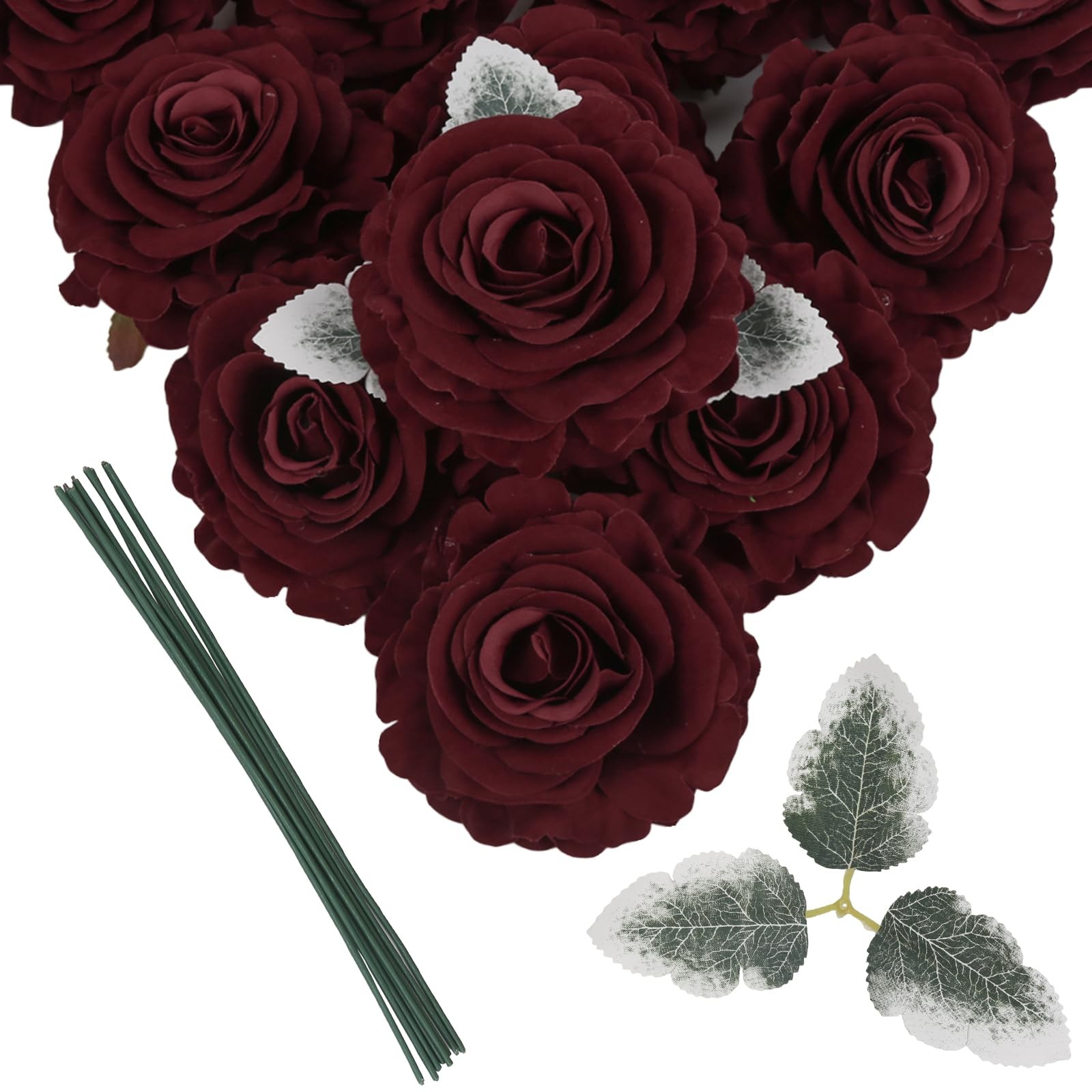 10PCS Burgundy Rose Artificial Flowers 4.3″ Large Fake Velvet Rose Bulk Real …