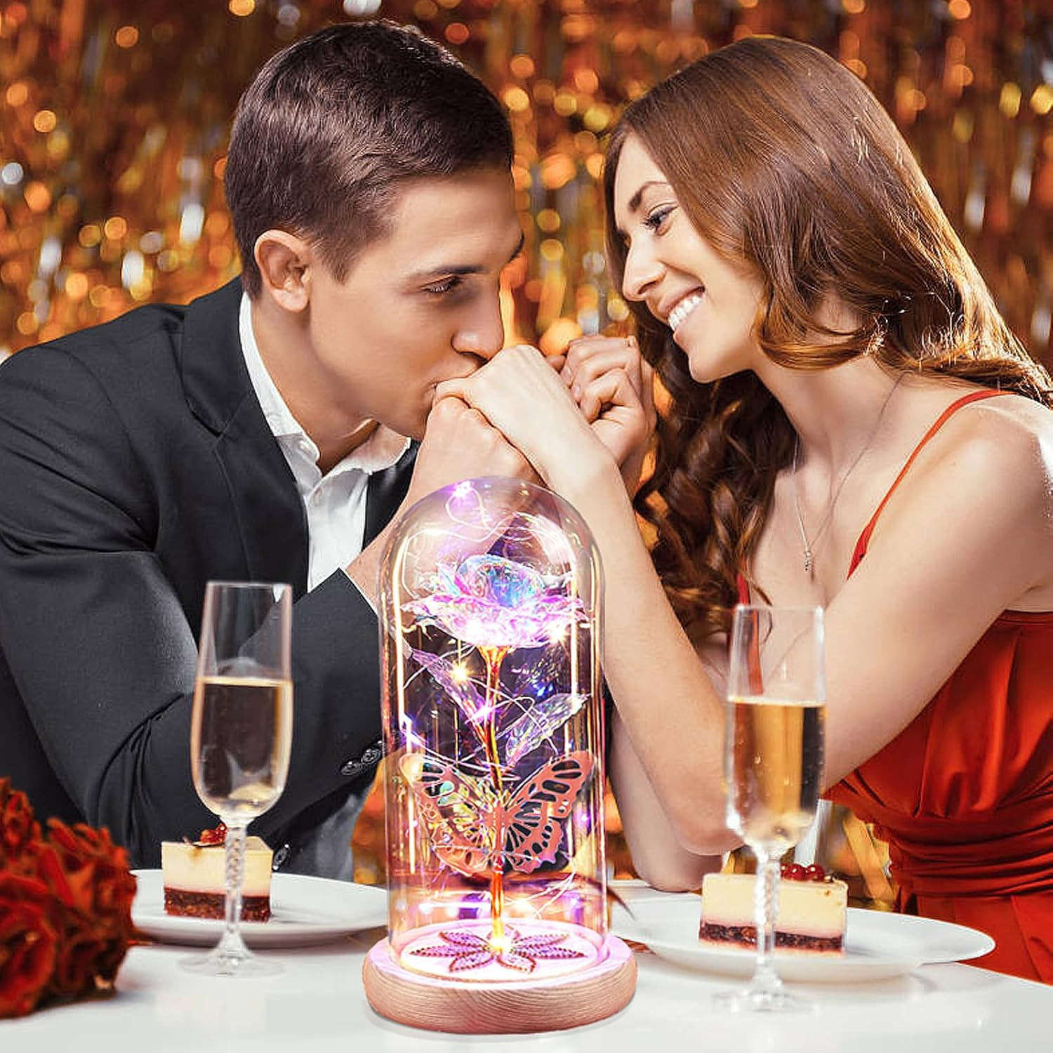 Rosas Artificiales Con Luz LED En Domo De Cristal Regalos Para Cumpleaños Mujer