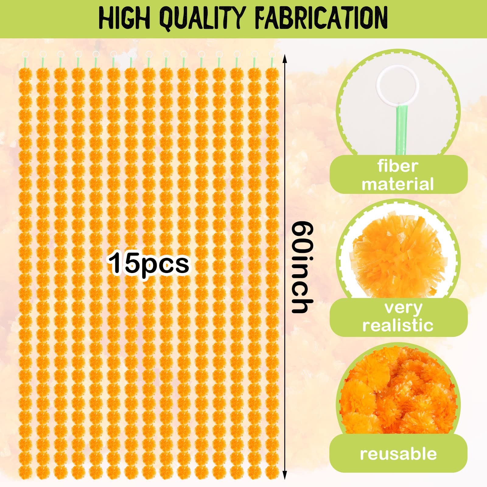 Giegxin 15 Pack Marigold Garland for Decoration 5 ft Long Strands Faux Artifi…