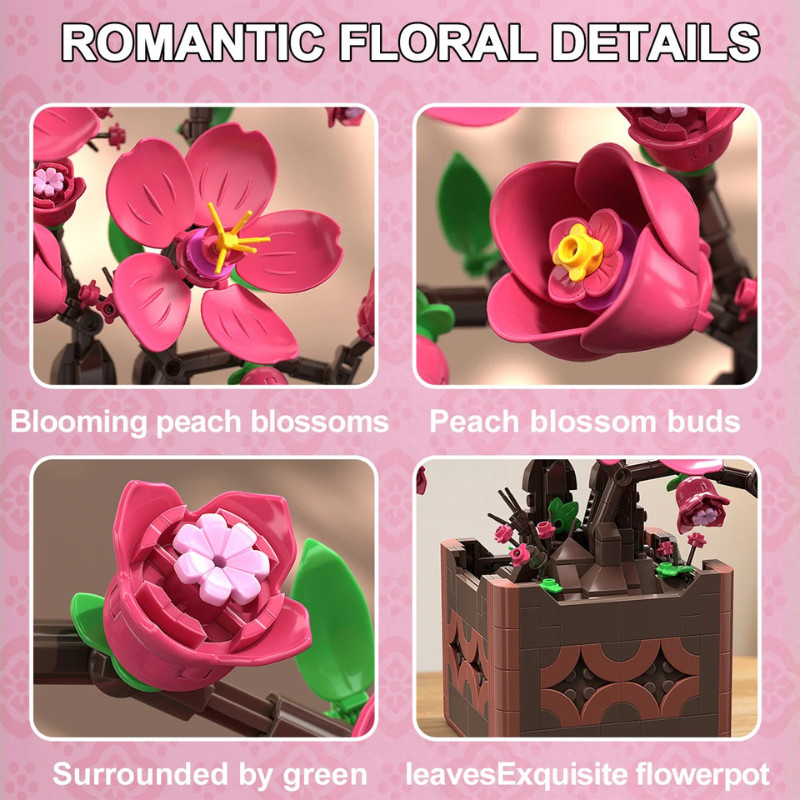 Pink Peach Blossom Potted Plant Building Block Set Diy Flower Model Decoration
