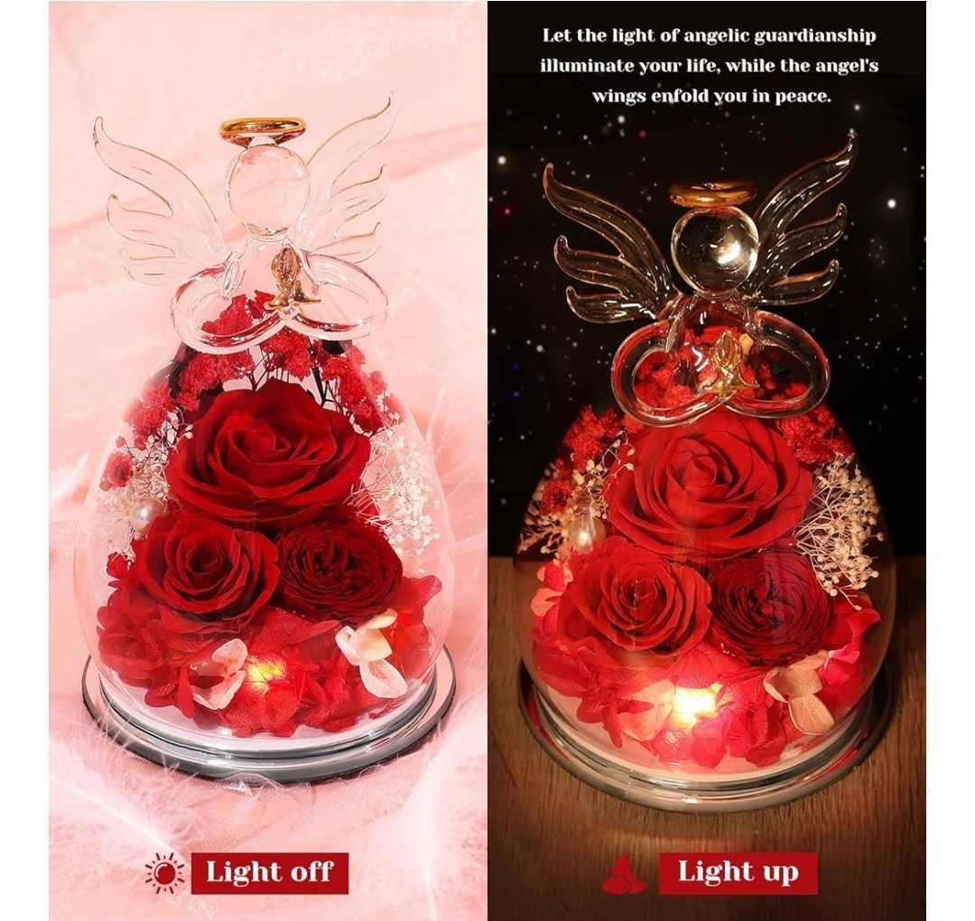 Glass Angel Figurines Real FlowersRed (Rose, Austin, Baby’s Breath, Hydrangea