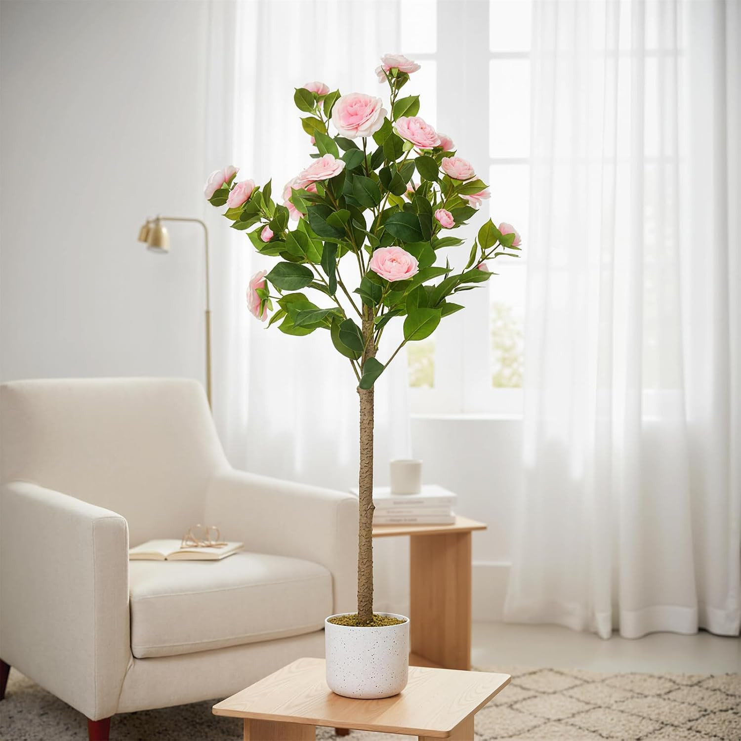 3.6FT Faux Camellia Tree with 20 Pink Flowers for Home and Office Decor